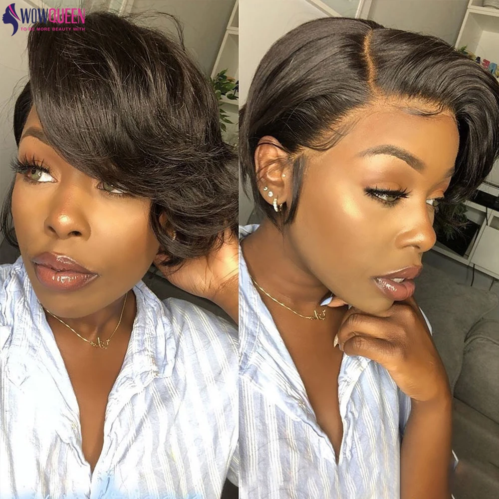 Cheap Short Straight Wigs Pixie Cut Wig Human Hair Wigs for Women Side Part Curly Bob Human Hair Wig Transparent Lace Wig