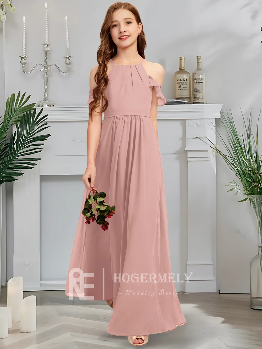 Детское платье подружки невесты с лямкой на шее, детское платье с цветочным узором в виде розы для девочек, шифоновое платье длиной до пола с каскадными оборками на свадьбу