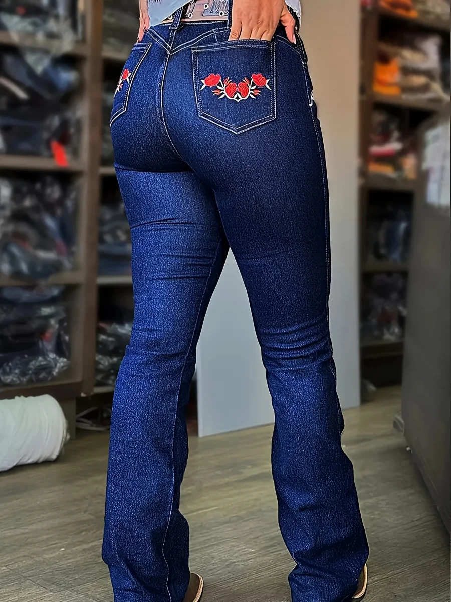 【HME】Jeans | Ranch‑Inspired Western Denim Pants, Ladies Slim Bootcut Denim Featuring Vivid Rose And Horse Head Embroidery, Comfort Stretch Dark‑Blue Denim Pants For Daily And Riding Looks
