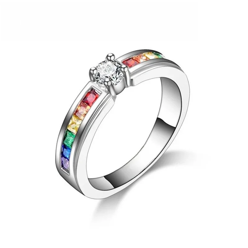 Bague en argent Sterling 100% véritable, en Zircon cubique, arc-en-ciel, pour femmes, accessoire de joli bague de fiançailles, pour mariage