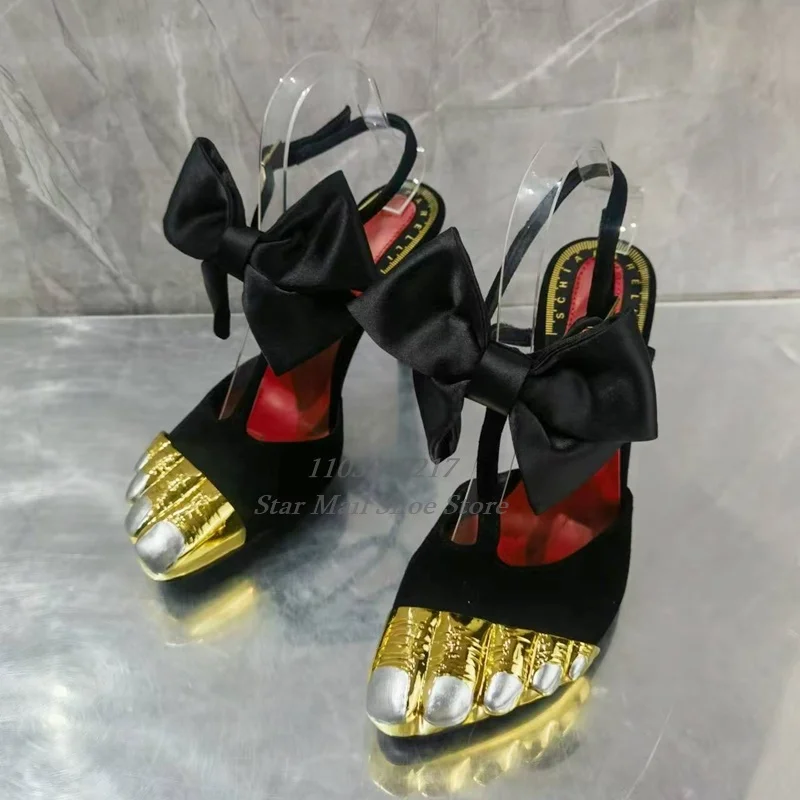 New Pointed Toe Gold Thumb Sandals Spliced Material High-Heeled Mules Ankle Black Butterfly Knot Decoration Designer Heel Shoes