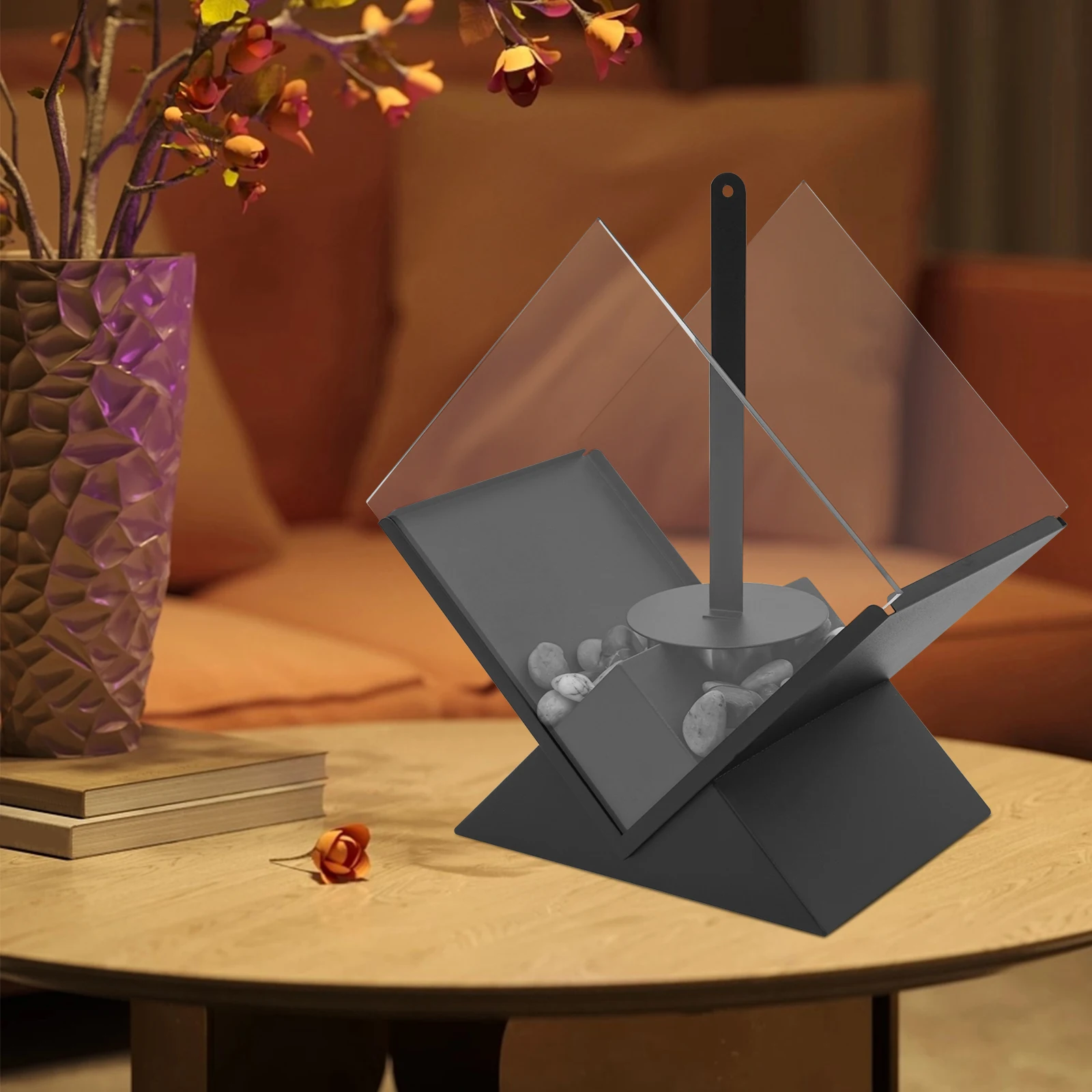 حفرة نار من الزجاج والمعدن الأسود مع أحجار زخرفية، مدفأة على الطاولة للاستخدام الداخلي أو الخارجي لطاولة الطعام، طاولة الحفلات