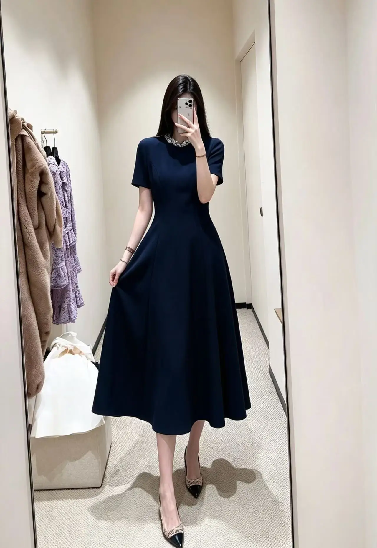 Women New Summer Fall Solid Color Short Sleeve Rhinestone Diamond Collar Banquet Cocktail Party Long Dress Graceful Evening Gown