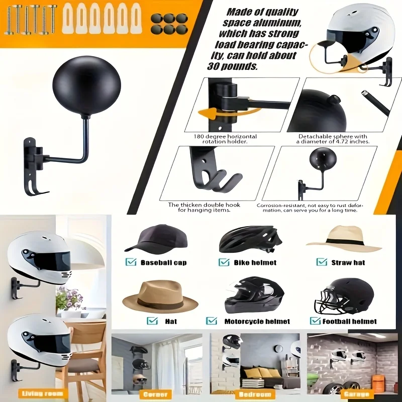 Motorcycle Helmet Holder Swivel 180° Wall Shelf Helmet and Jacket Hanger Metal Hook Metal Shelves Perfect Gift image 6