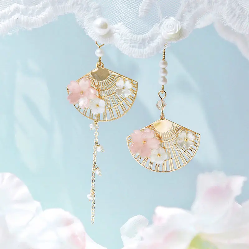 Neue koreanische asymmetrische Blumen-Ohrhänger für Damen, lange Quasten-Schmetterlings-Ohrringe mit Imitationsperlen, Katzen-Ohrhänger, Partyschmuck – Detail 14
