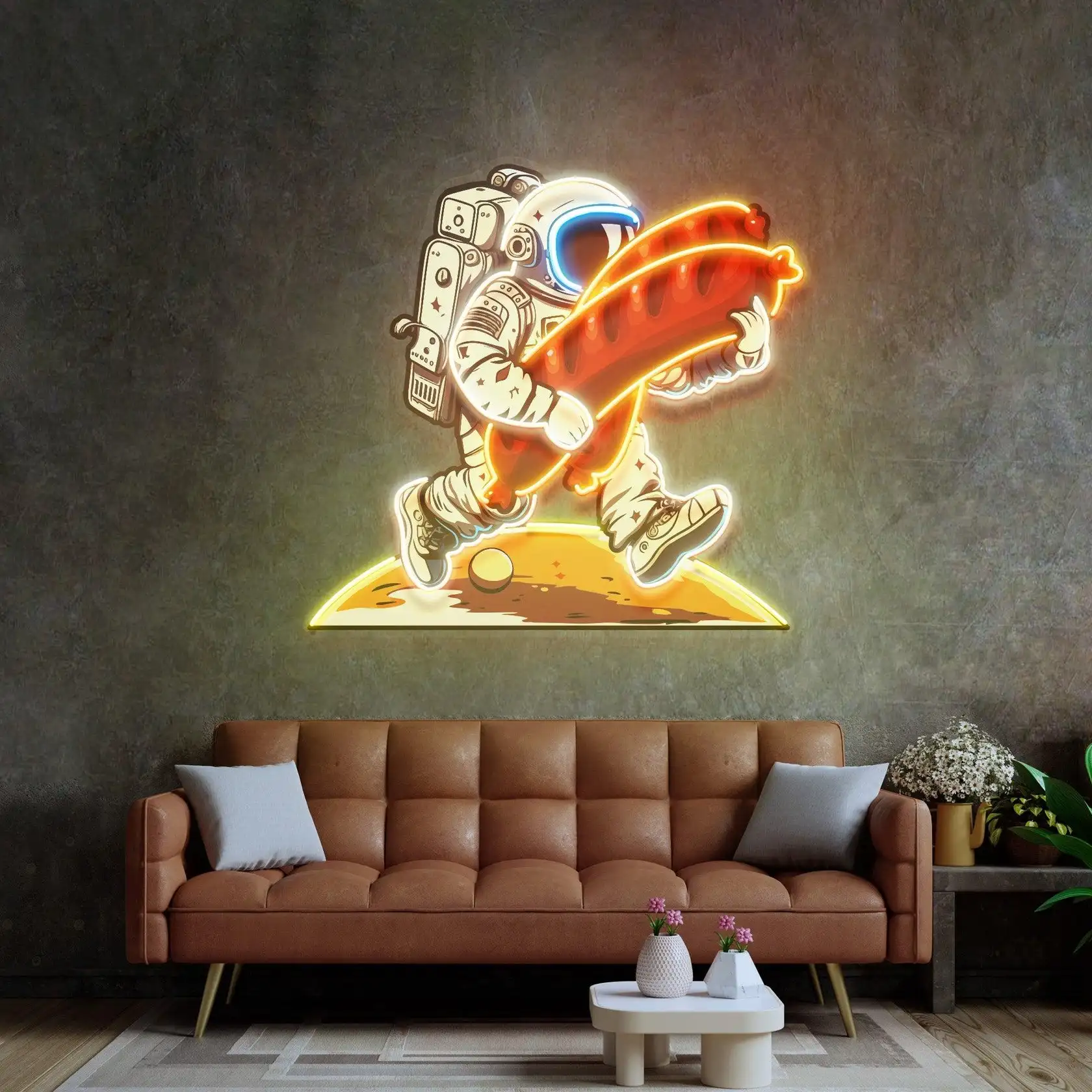 Astronaut and Sausage Neon Sign Acrylic Wall Decor Birthday Gift for Boys Bedroom Night Sign Gmae Room Restaurant Shop Food Sign