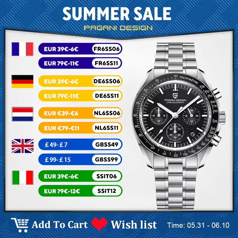 Nouvelle montre homme PAGANI DESIGN V6 Moon 2026, montre à quartz de luxe VK63 pour homme, étanche, chronographe sport rapide, verre saphir AR, lunette en céramique lumineuse, acier inoxydable, montre