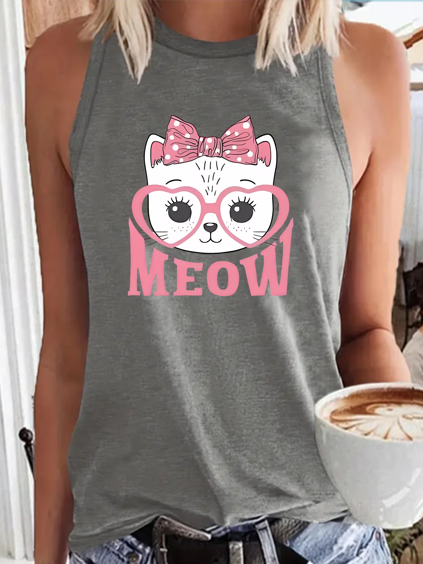 Meow Chinchilla Mom Funny Pet Owner Summer Fashion Sports Women's Tank Top Loose O Neck Sleeveless Casual Tank Top