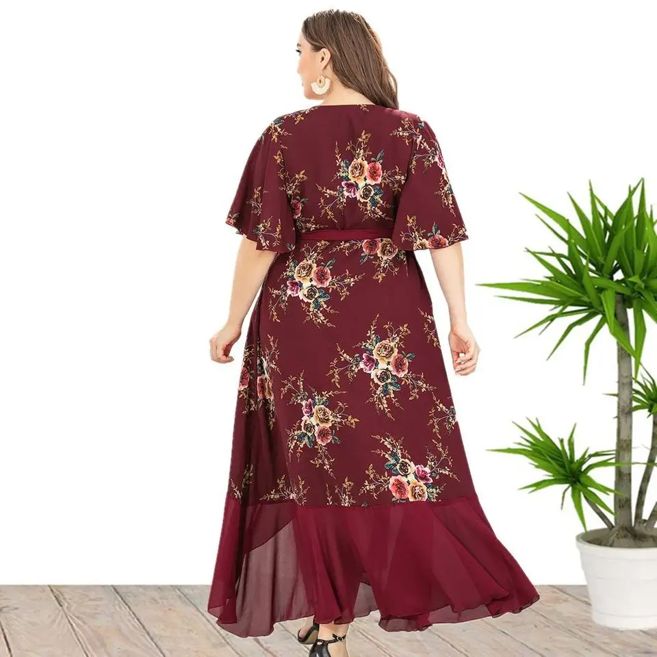 Vestidos de gasa con estampado Floral para mujer, cuello en V, talla grande, Verano