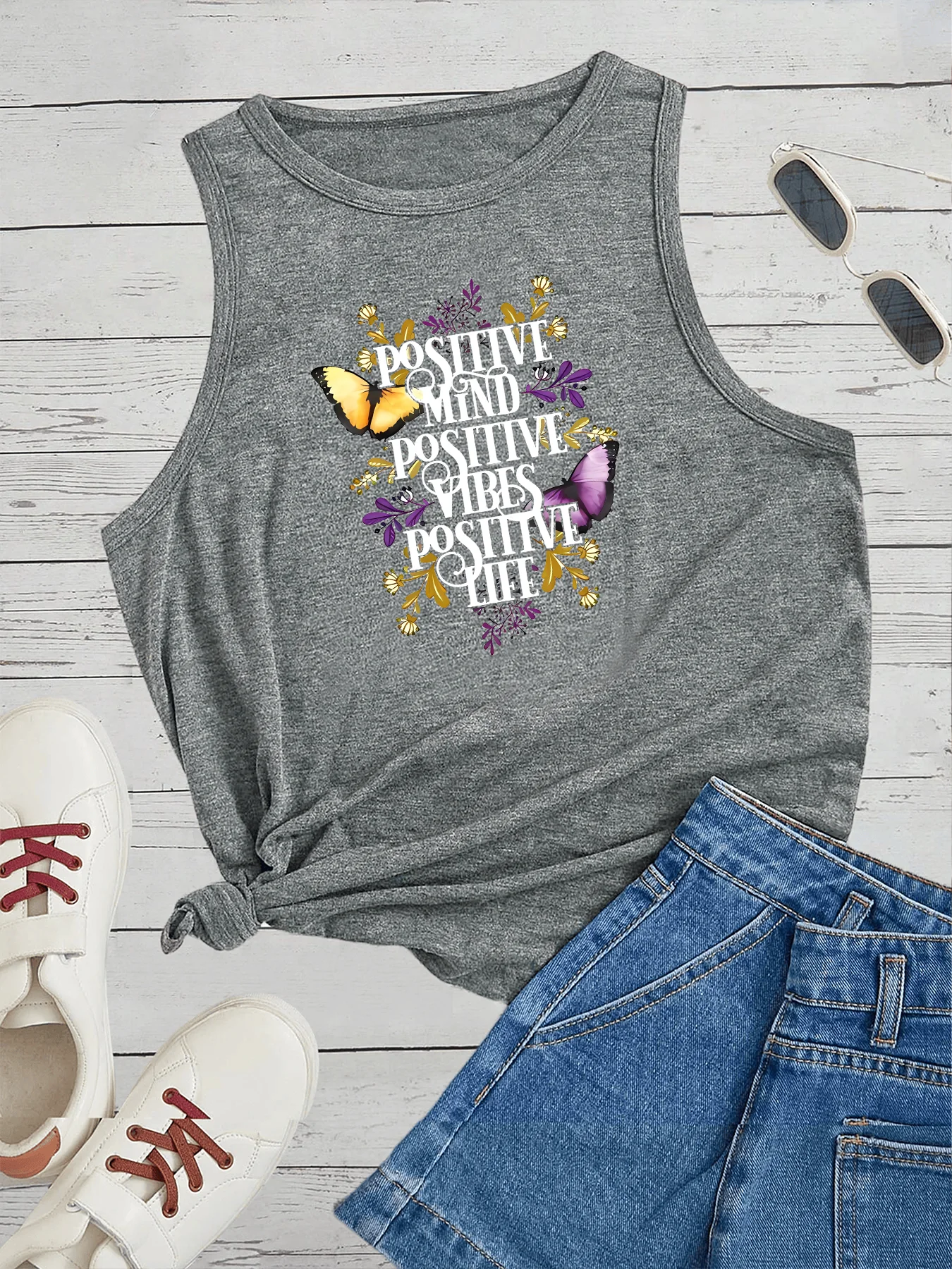 

Positive Mind Positive Vibid Positive Life Fashion Funny Sports Women's Tank Top Loose O Neck Sleeveless Casual Tank