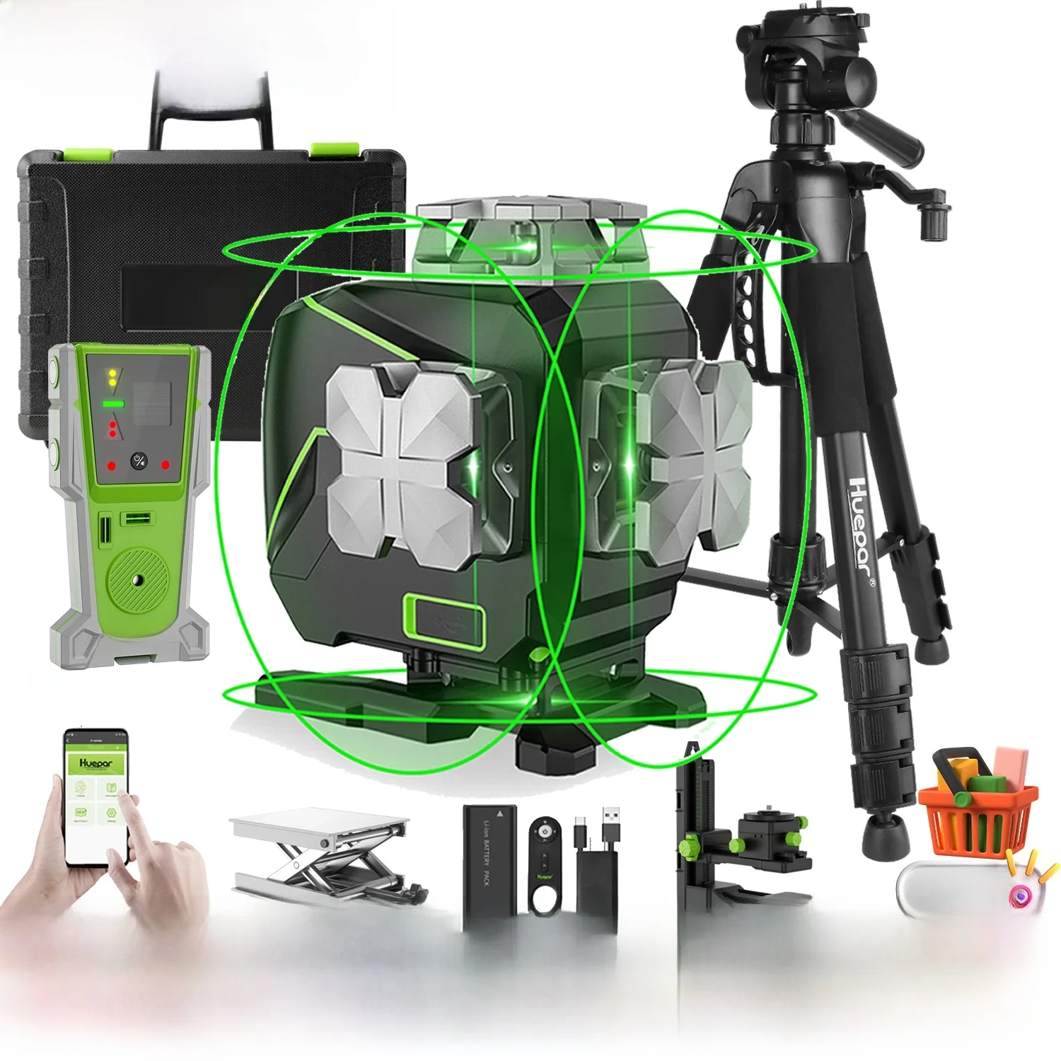 Huepar S04CG-C 4D groene laserniveau Zelfnivellerende kruislijnlasergereedschappen met detector, LCD-scherm, afstandsbediening, Bluetooth en beugel - afbeelding 2