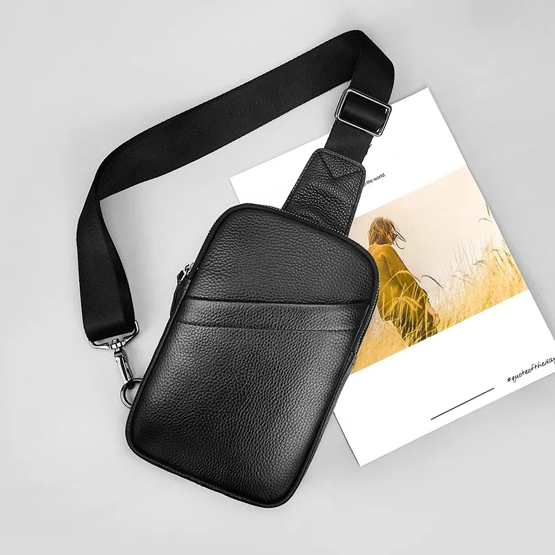 Małe torba ze sznurkiem czarne prawdziwa skóry dla mężczyzn kobiet Crossbody ramię torba piersiowa plecak turystyczny plecak podróżny jazdy na rowerze — zdjęcie 2