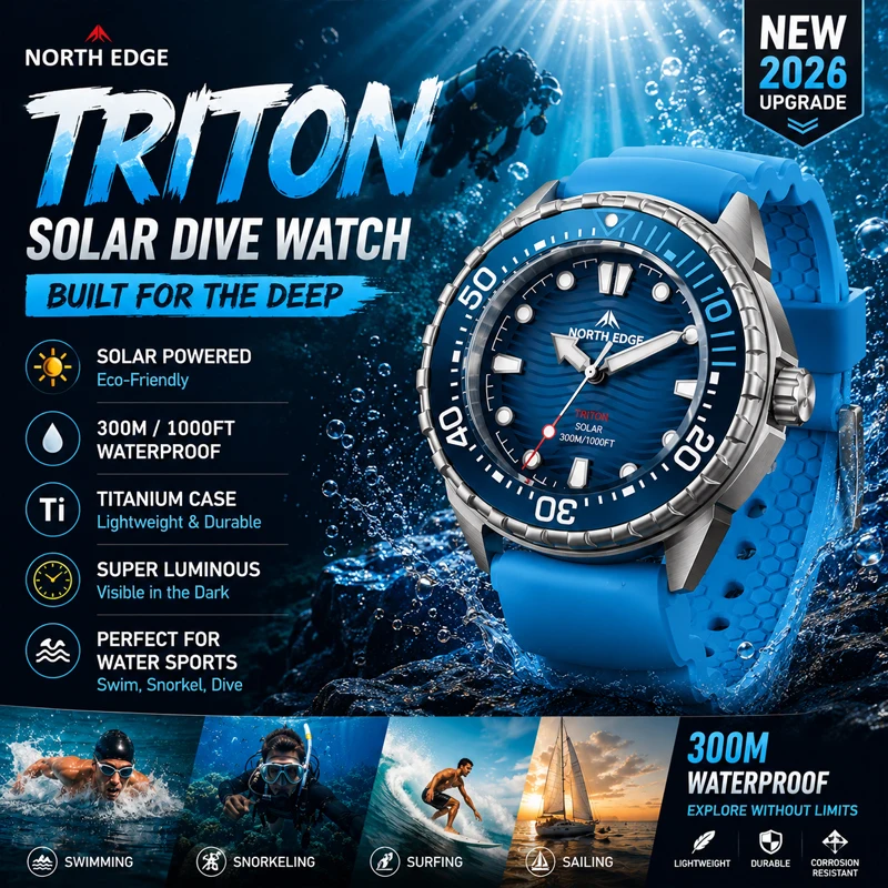 

NORTH EDGE TRITON-TI Titanium Stainless Solar-Powered Diving Watch Luxury Quartz Watches For Men 300M Waterproof 180+ Day Power