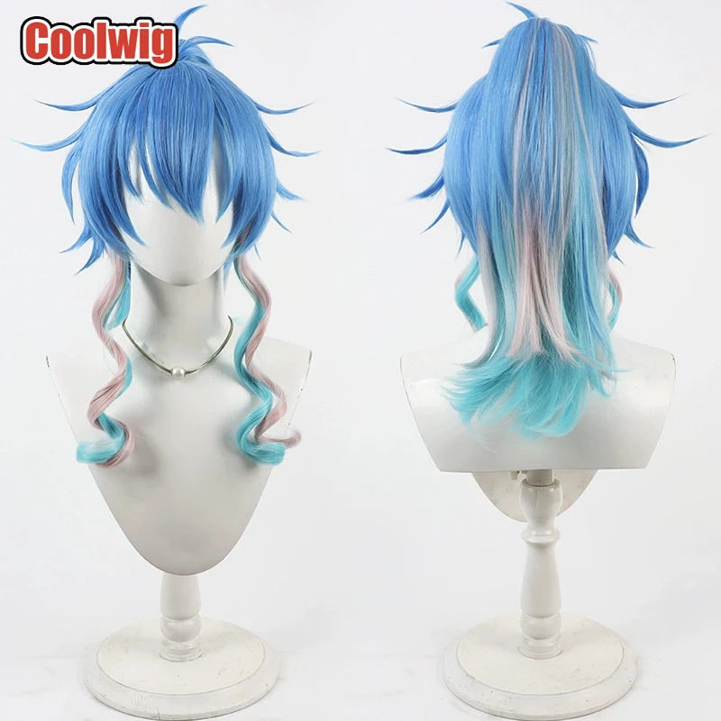Coolwig Synthetic Hair Serakaki Aoba Cosplay Wigs Dramatical Murder Serakaki Aoba Blue Mixed Pink Ponytail Wig Heat Resistant