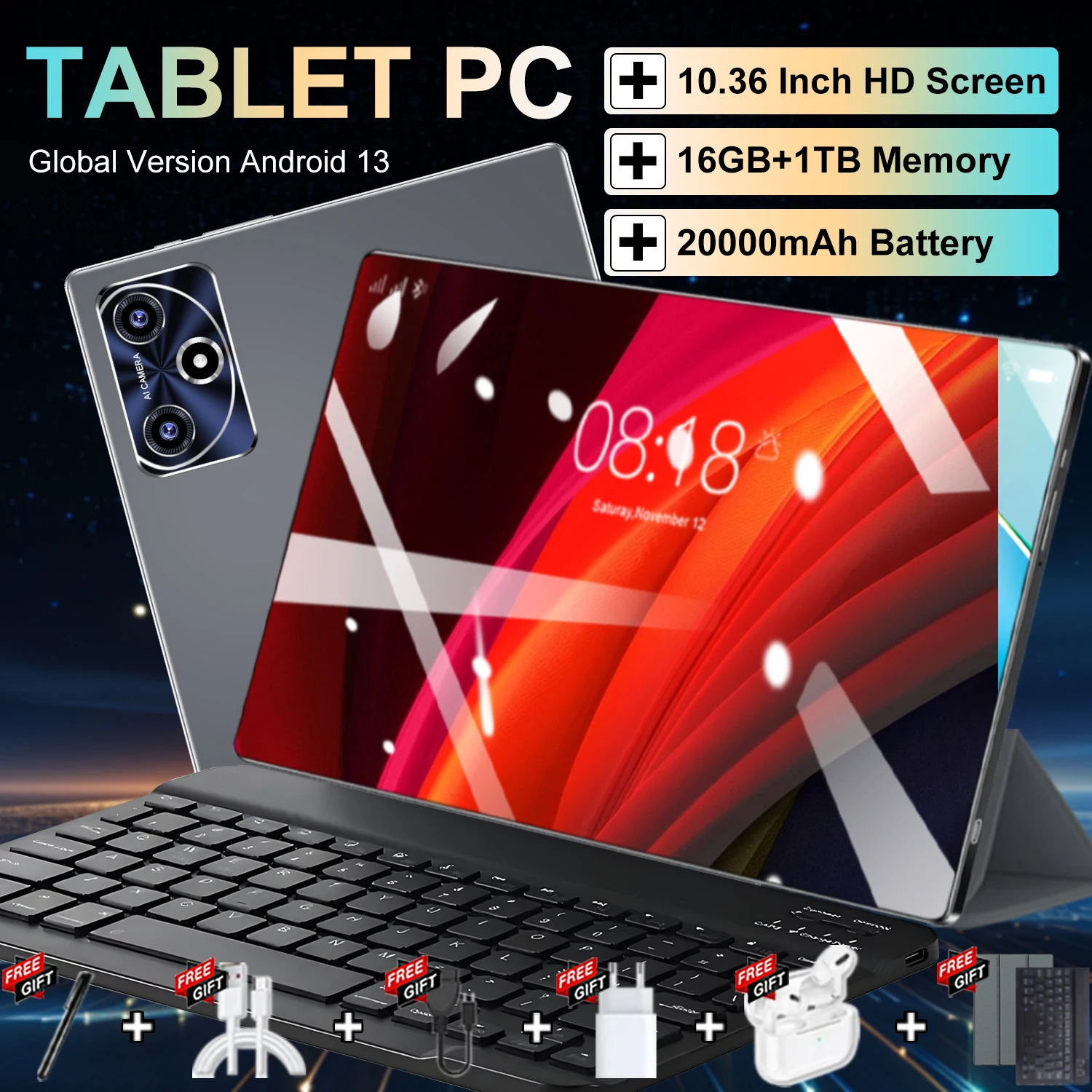 Tablet 2025 Android 10.36 pulgadas 20000mAh Versión Global 16GB+1TB Nueva Red 14 Núcleos Android 13.0 Tablet Wifi