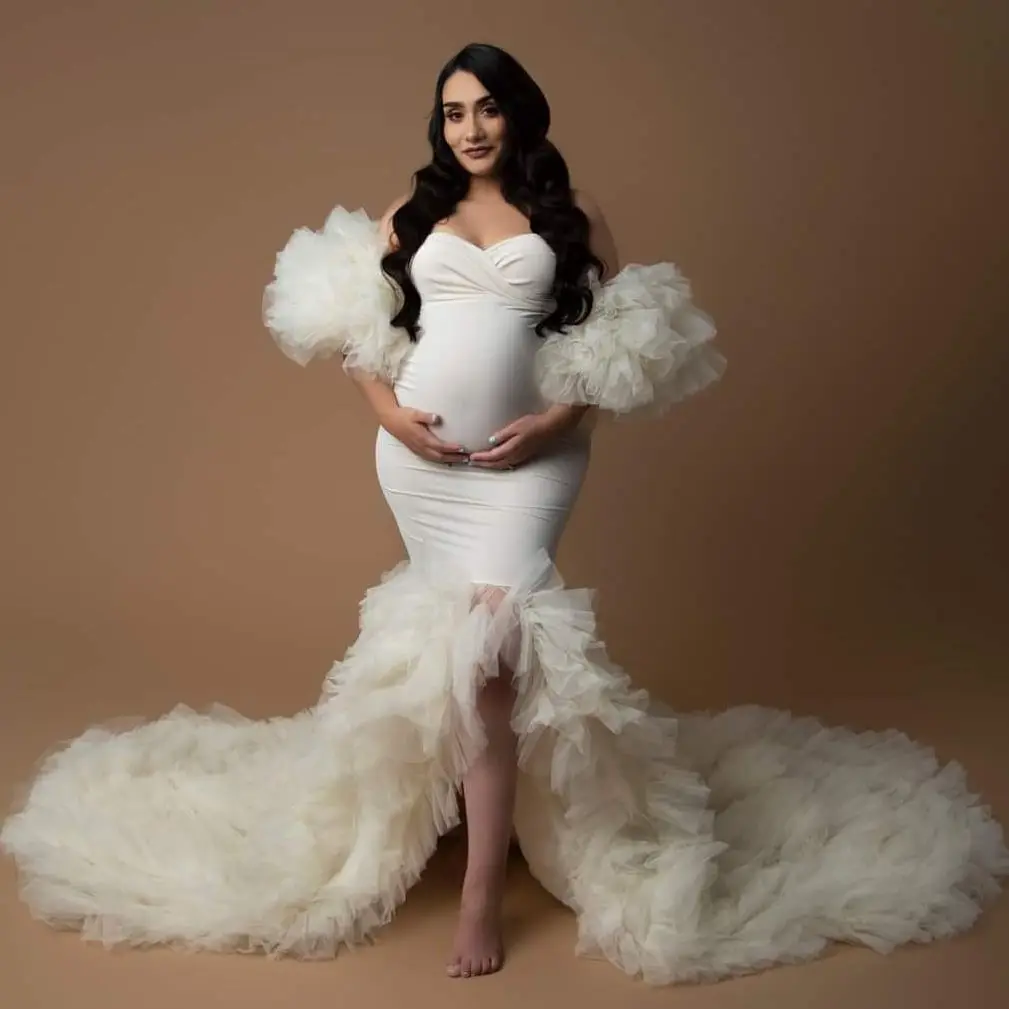 Ivory Mermaid Maternity Dresses for Photo Shoot Mixi Tulle Split Maternity Gowns Custom Made Bathrobe Sleepwear