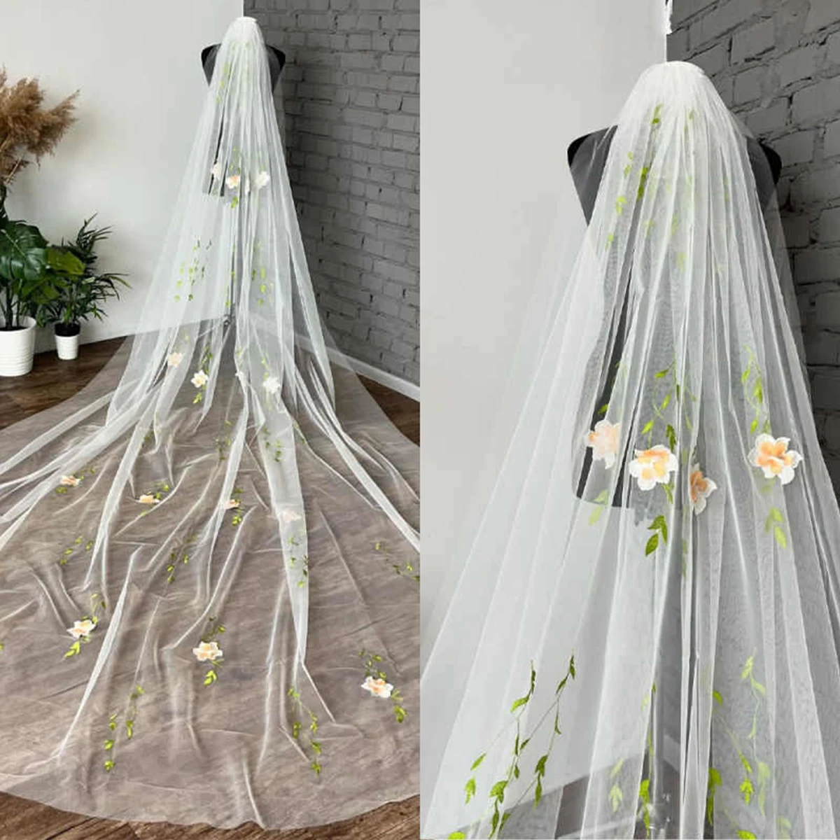 

Элегантная королевская свадебная фата, длинная свадебная фата с вышивкой розы, тюлевая аппликация, фата с блестками, свадебные аксессуары