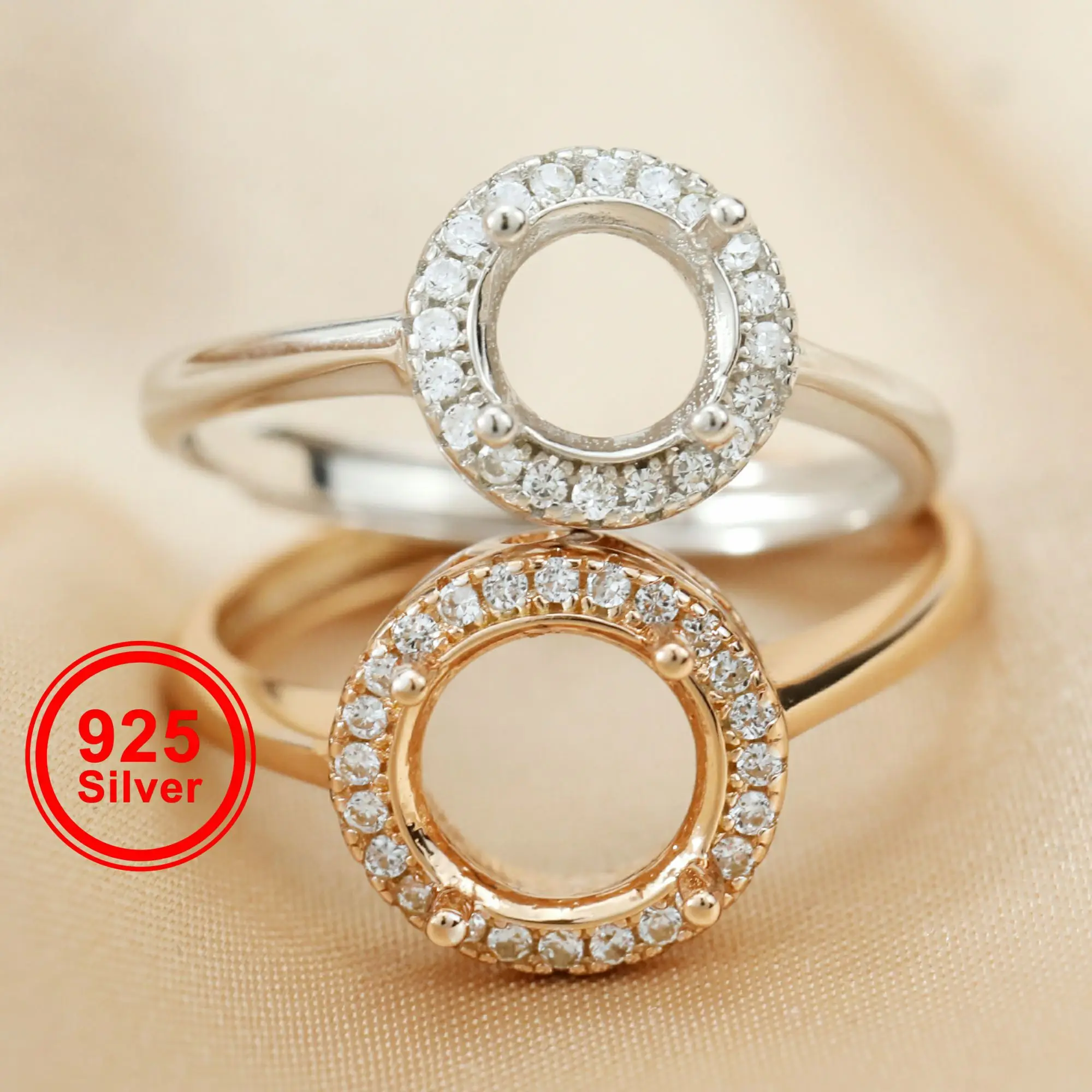 

6.5-9MM Halo Round Prong Bezel Rose Gold Plated Solid 925 Sterling Silver Adjustable Ring Settings Gemstone DIY Supplies 1210054