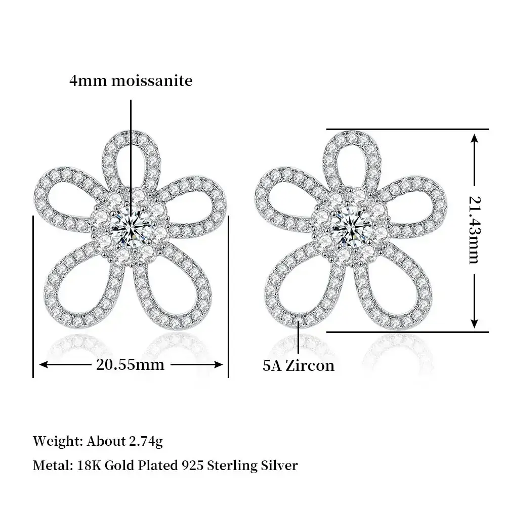 Pretty Beauty 925 Sterling Silver Moissanite Flower Stud Earrings for Women Five Petal Floral Design Dainty Wedding Jewelry Gift