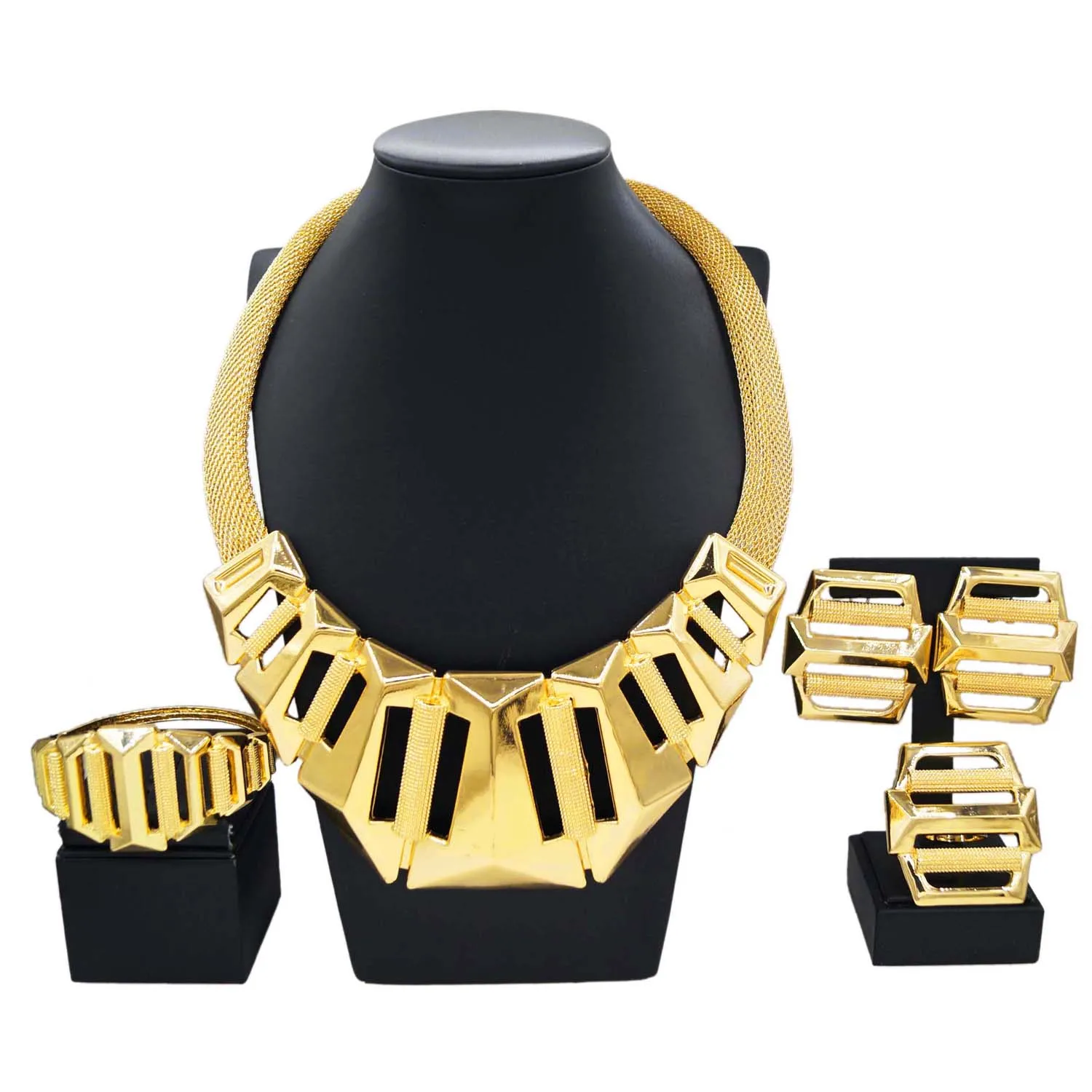 Dubai Gold Plate Jewelry Sets For Women Designer Style Gold Color Glossy Necklace Earrings Bracelet Party Jewelry