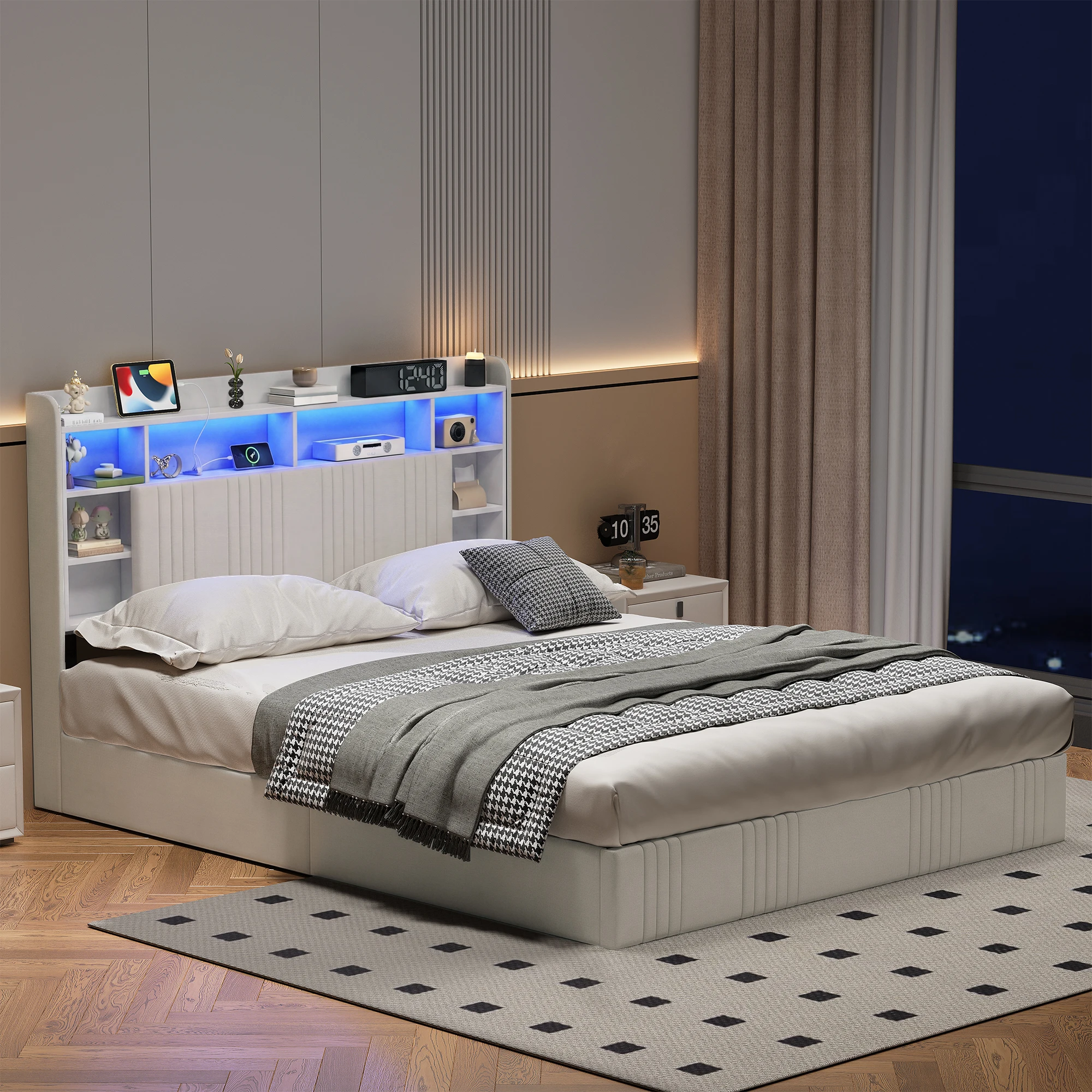 Anajqaqia 140 x 200 cm großes Doppelbett, gepolstertes Bett für Erwachsene, hydraulisches Stauraumbett mit Kopfteil mit mehreren Staufächern, Bettgestell aus Leinen, beige