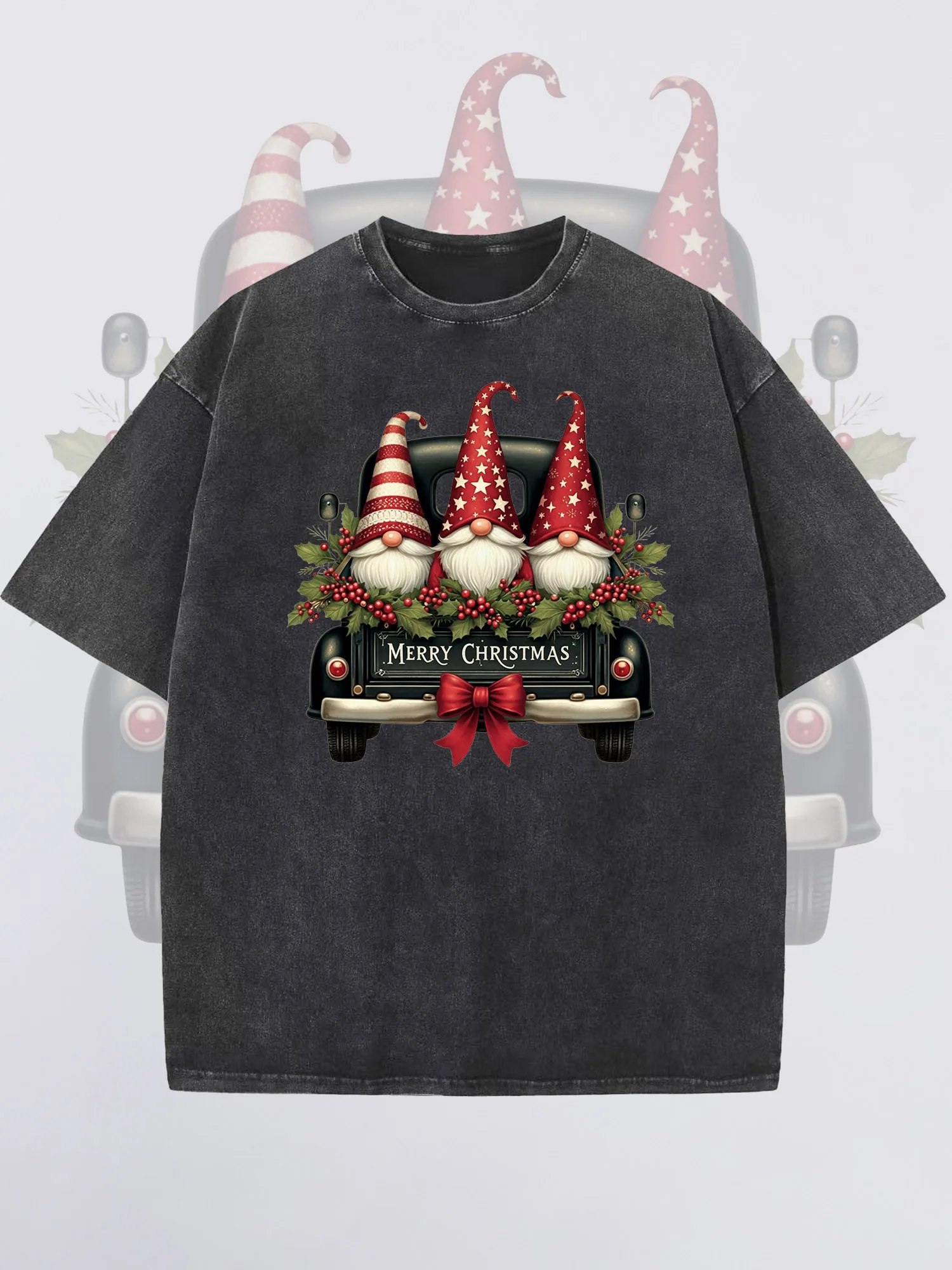 

Men's T-Shirts Christmas Printed Black Short-Sleeved Round Neck Loose Summer 100% Cotton Acid-Washed Finish Christmas