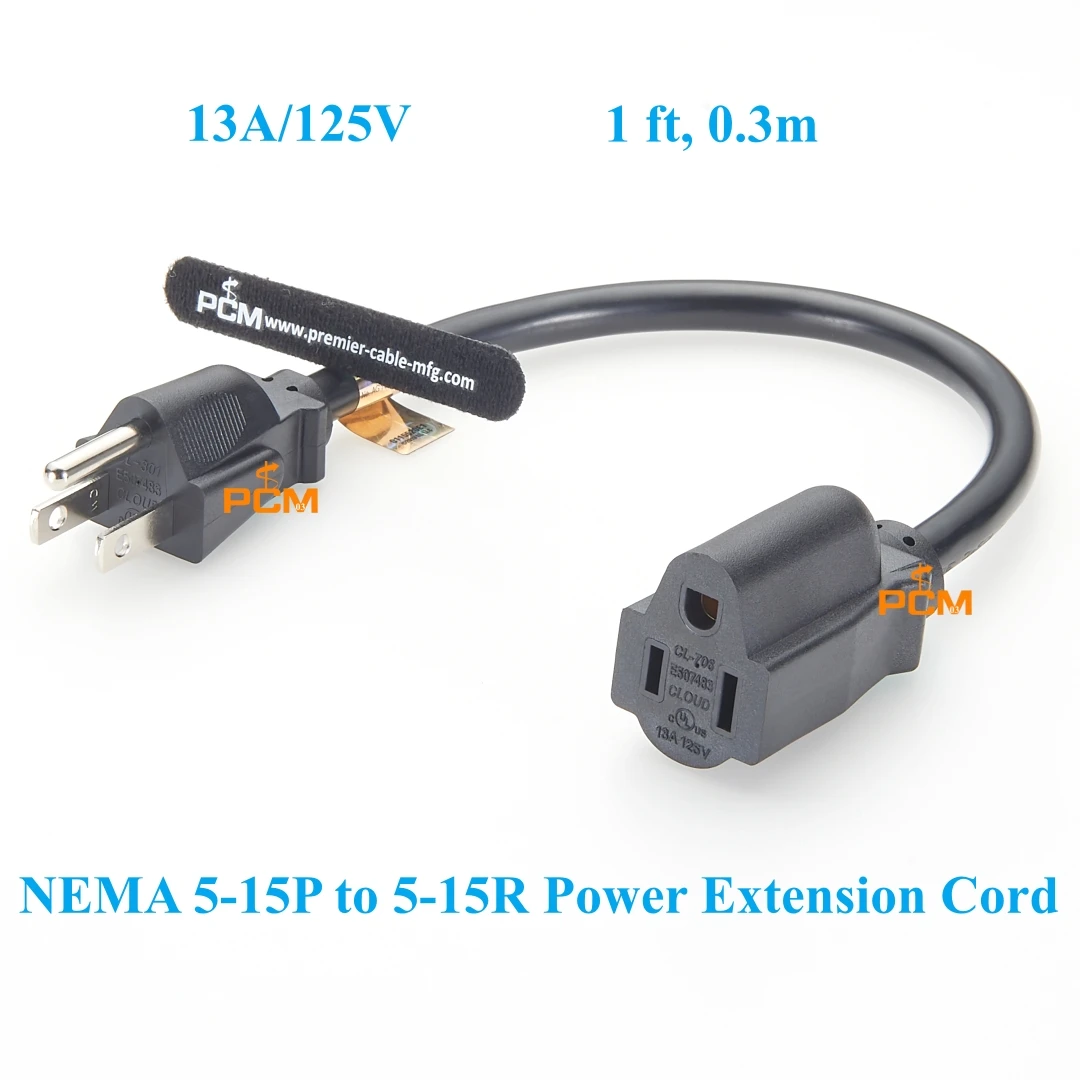 Power Extension Cord NEMA 5-15P to NEMA 5-15R Heavy-Duty 13A 125V Connector for Network, computer, printer, PDU, UPS system