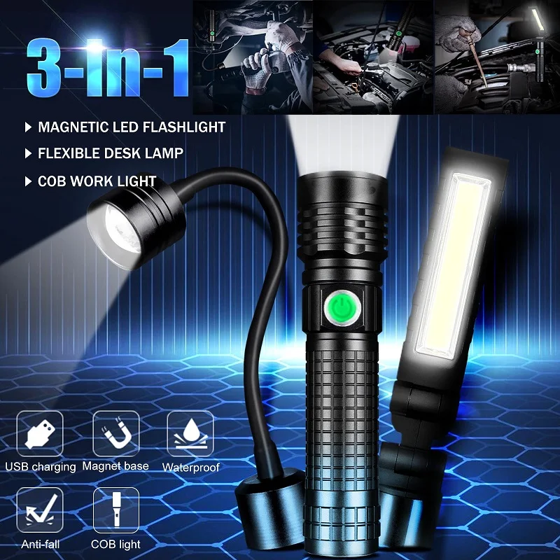 Skywolfeye 3-in-1 Magnetic LED COB Rechargeable USB Flashlight Work Light Flexible Torch Kit with Battery for Outdoor & Home Use