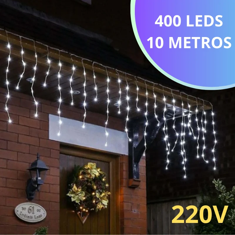 Pisca Pisca Cascata Iluminação de Natal 400 LEDs 10 Metros 8 Funções Branco Frio 220V Decoração de Natal