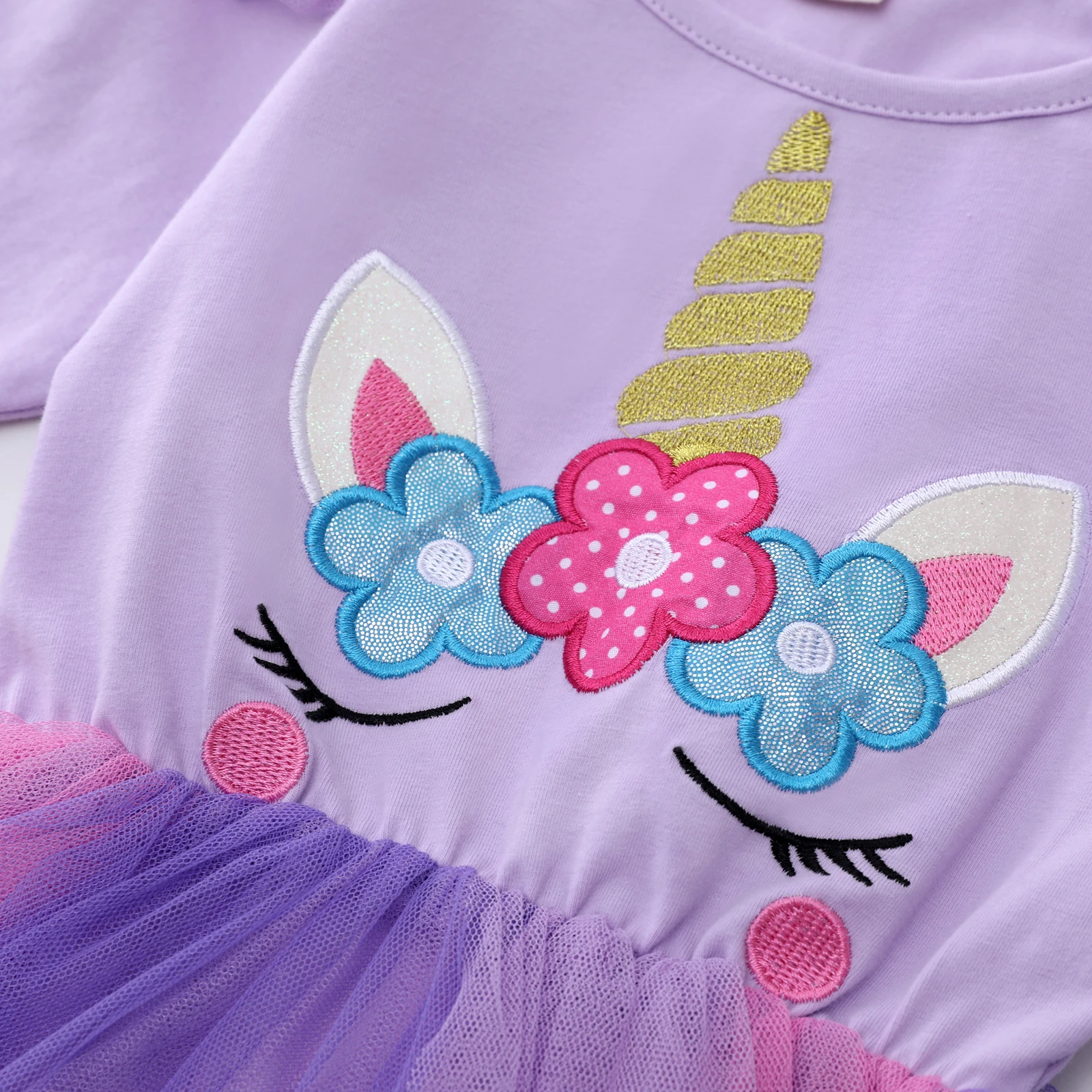 Kids Girls Long Sleeved Tutu Dress Unicorn Embroidery Colorful Dress Spring Winter Party Dress