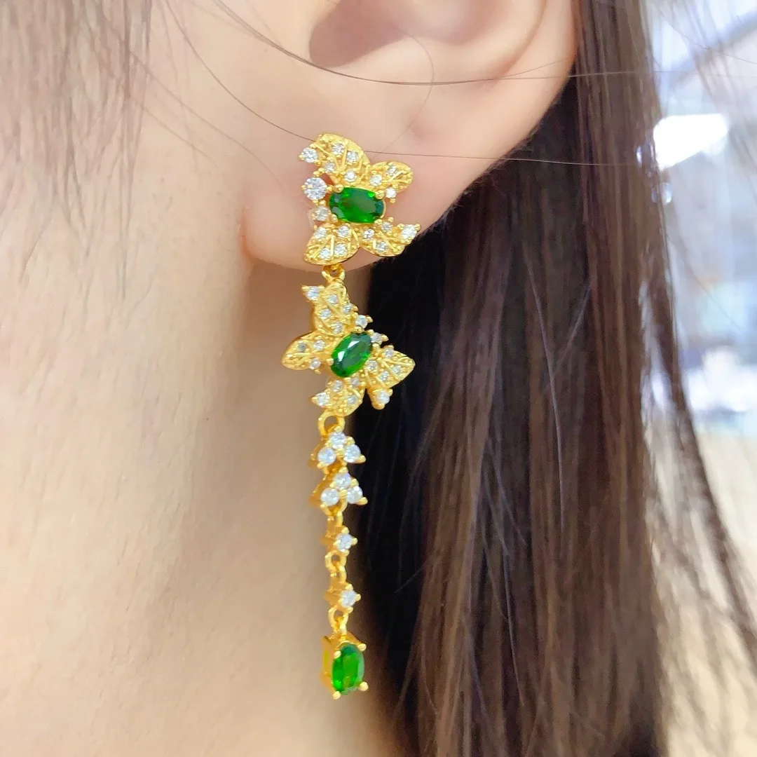 boutique jewelry, natural diopside earrings for women, 3x5mm electroplated 18K gold, to give as a birthday party, wedding, Gift
