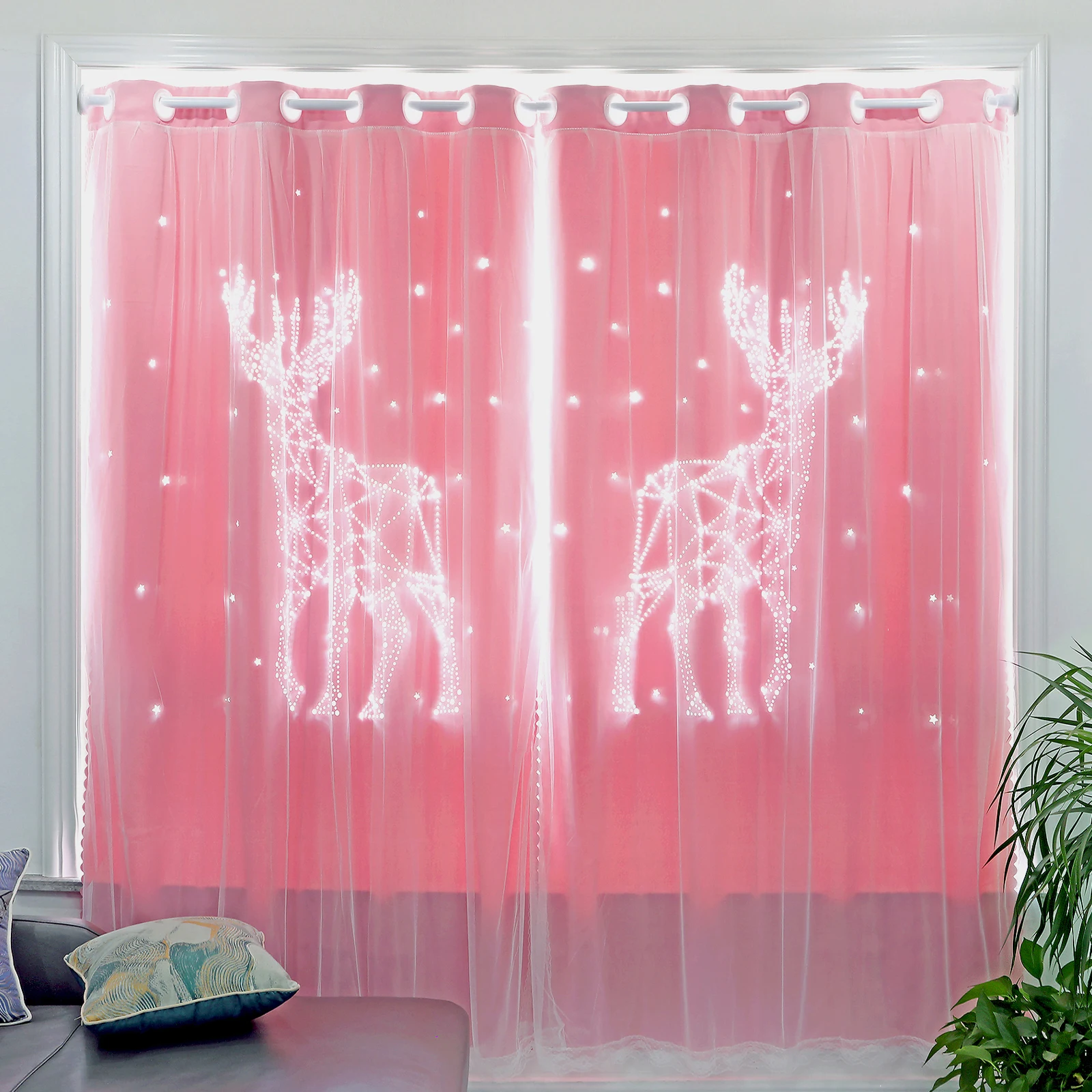 Pink 52 in. W x 84 in. L Blackout Cutout Elk Pattern Curtain for Kids Room (2-Panels)