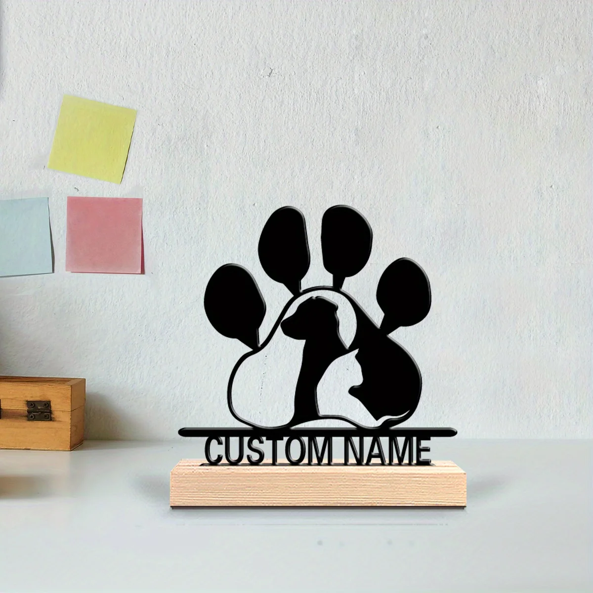 Letrero de Metal Personalizado con Huellas de Patas de Mascotas y Base de Madera, Diseño de Silueta de Gato y Perro, Decoración de Escritorio, Regalo para Toda Ocasión, Decoración del Hogar