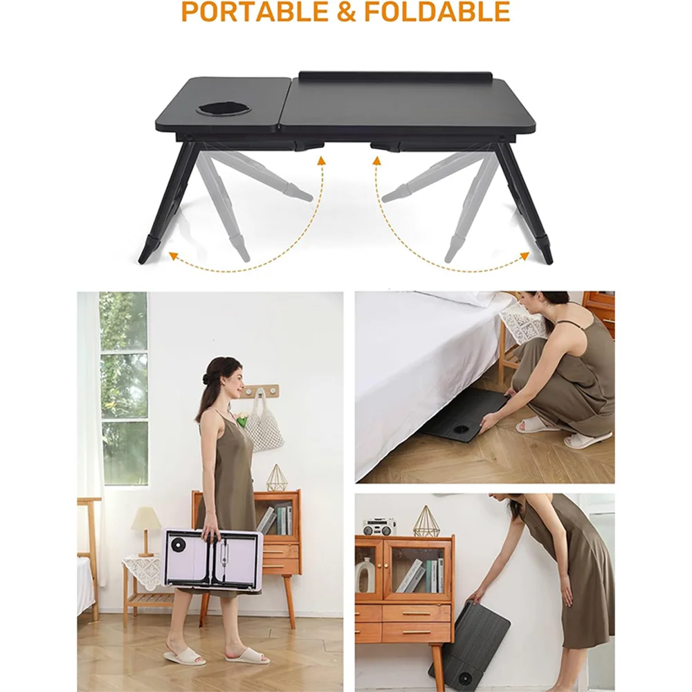 Bureau pliable réglable pour ordinateur portable, table de lit, support pour ordinateur portable, support de lecture avec porte-gobelet pour écrire, travailler sur le lit, le canapé