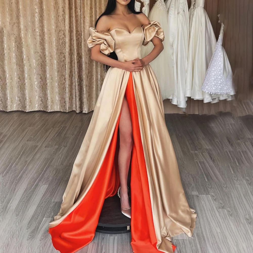 

Sweetheart Two Tone Off Shoulder Evening Special Occasion Dress Sexy High Leg Slit Petal Skirt Drape Cocktail Satin Prom Gowns