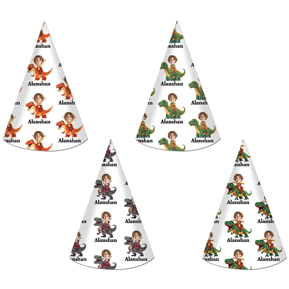 8 Stück Individuelle Dinosaurier-Themen-Partyhüte, Personalisierte Foto- und Gesichts-Papierhüte für Geburtstagsfeiern