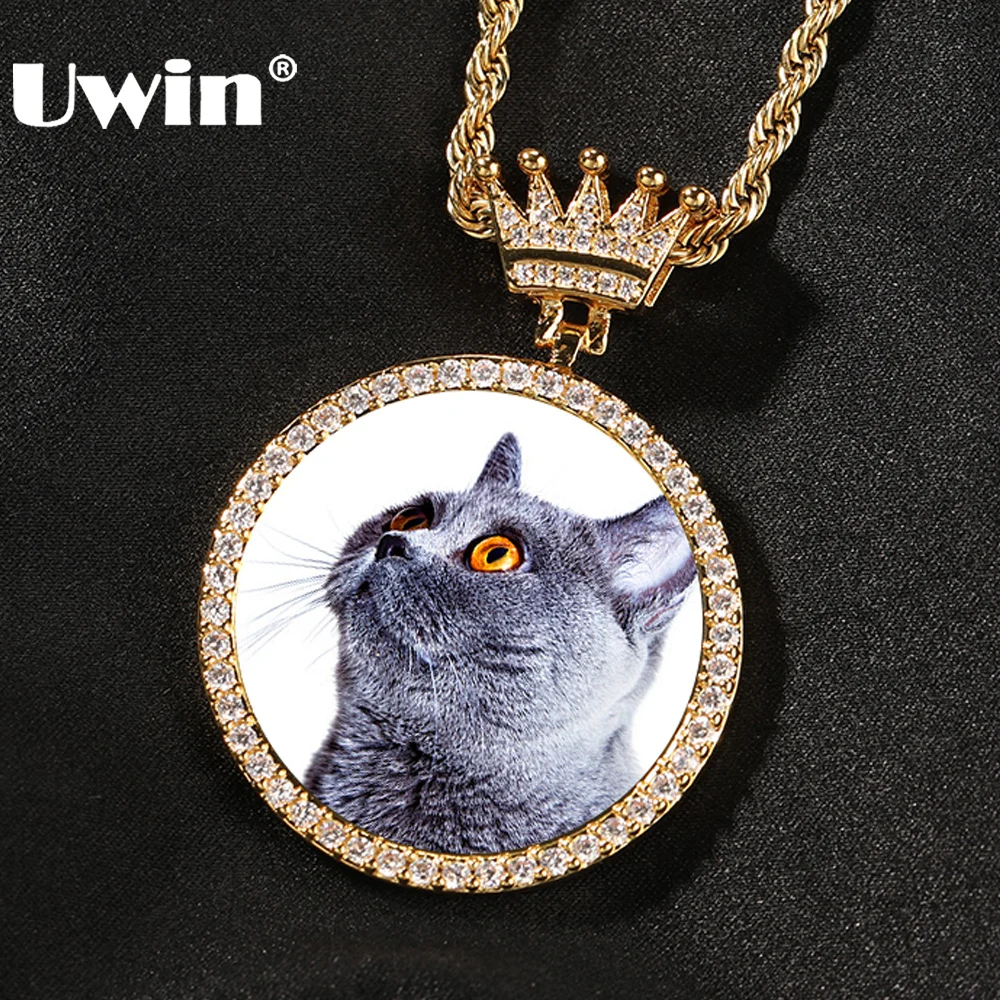 

UWIN DIY Medallion Photo Pendant Necklace with Crown Bezel 3 CM Diameter Picture Charms Iced Out CZ Fashion Jewelry for Gift