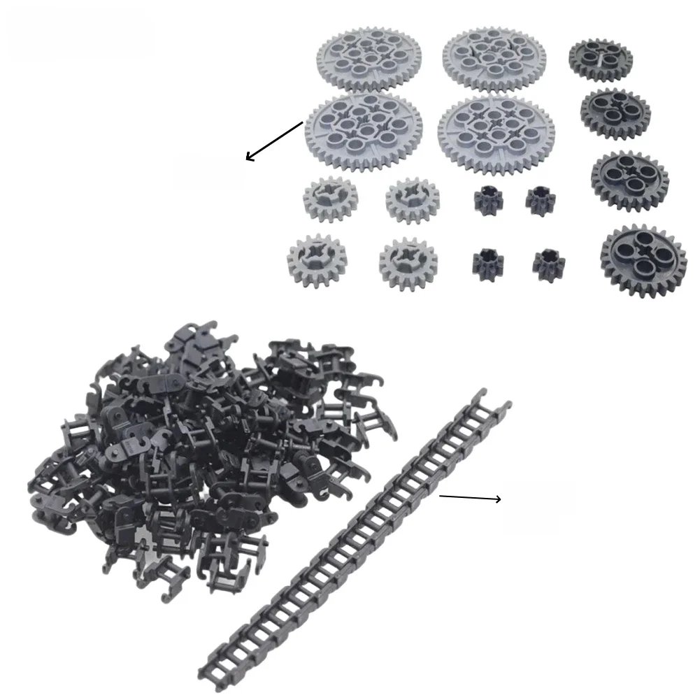 Blocs de construction MOC, 16 pièces, engrenage dentaire, Train de voiture, chaîne à maillons, briques, ensemble d'engrenages, pièces techniques 3711 14696 10928 51416 3648 3649