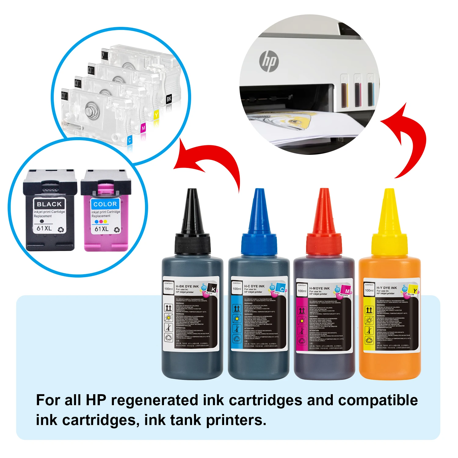 H-100ml General Dye Ink Compatible for HP Inkjet Printers and Continuous ink Supply Systems and Rechargeable ink Cartridges