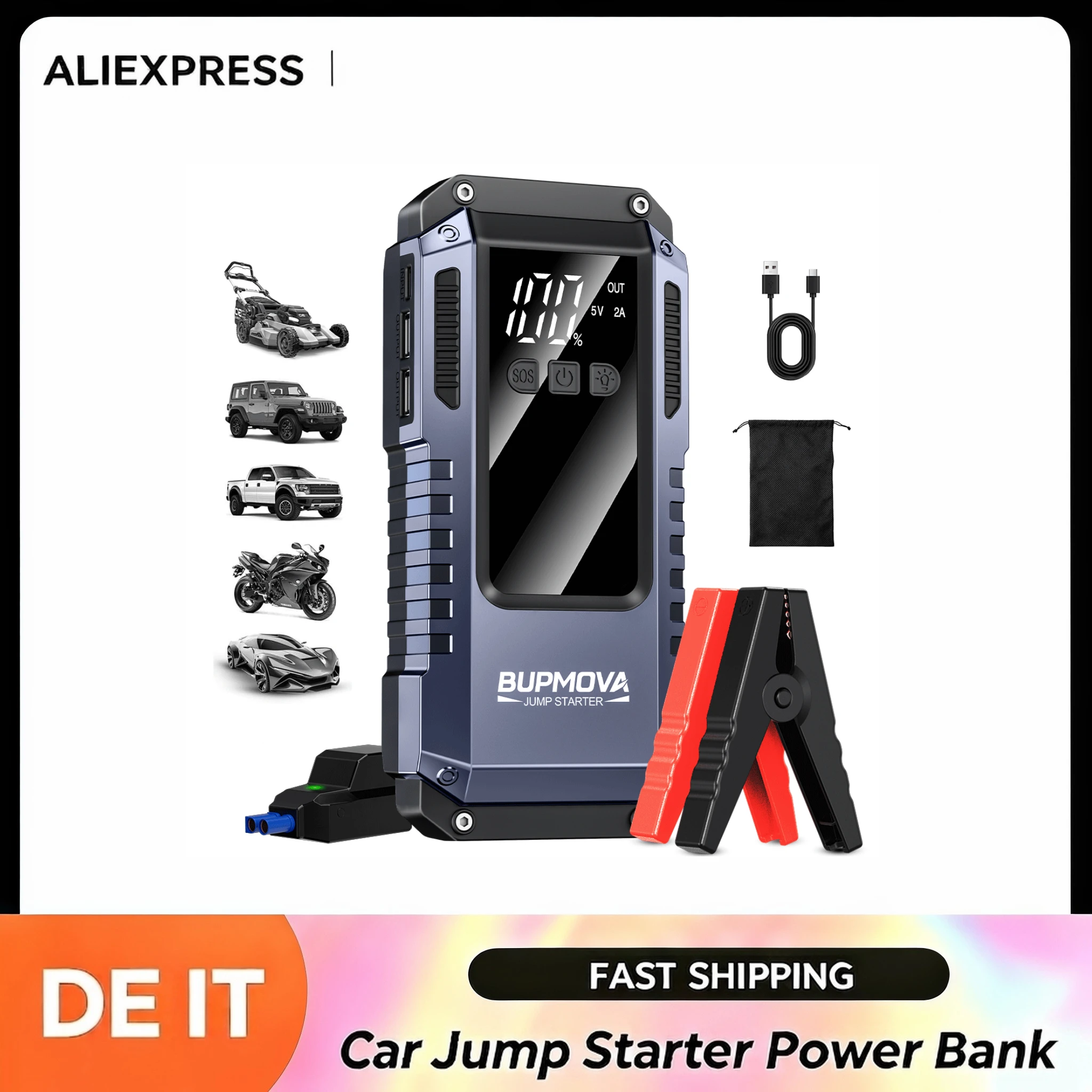 Avviatore di emergenza portatile per auto da 3000A alimentato da una batteria a 12V e supporta anche la ricarica di cellulari e tablet. Viene fornito con un clip intelligente.