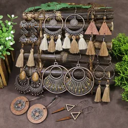 Vintage Ethnic Style Geometric Natural Wooden Tassel Earrings for Women Boho Long Hollow Beads Dangle Earrings Jhumka Jewelry