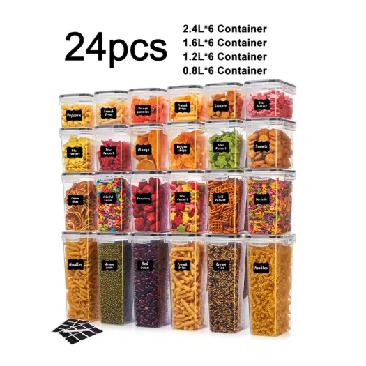 24PCS Airtight Food Storage Containers with Labels, Kitchen Pantry Organizer for Flour, Grains, Coffee Beans, Cereal and Spices