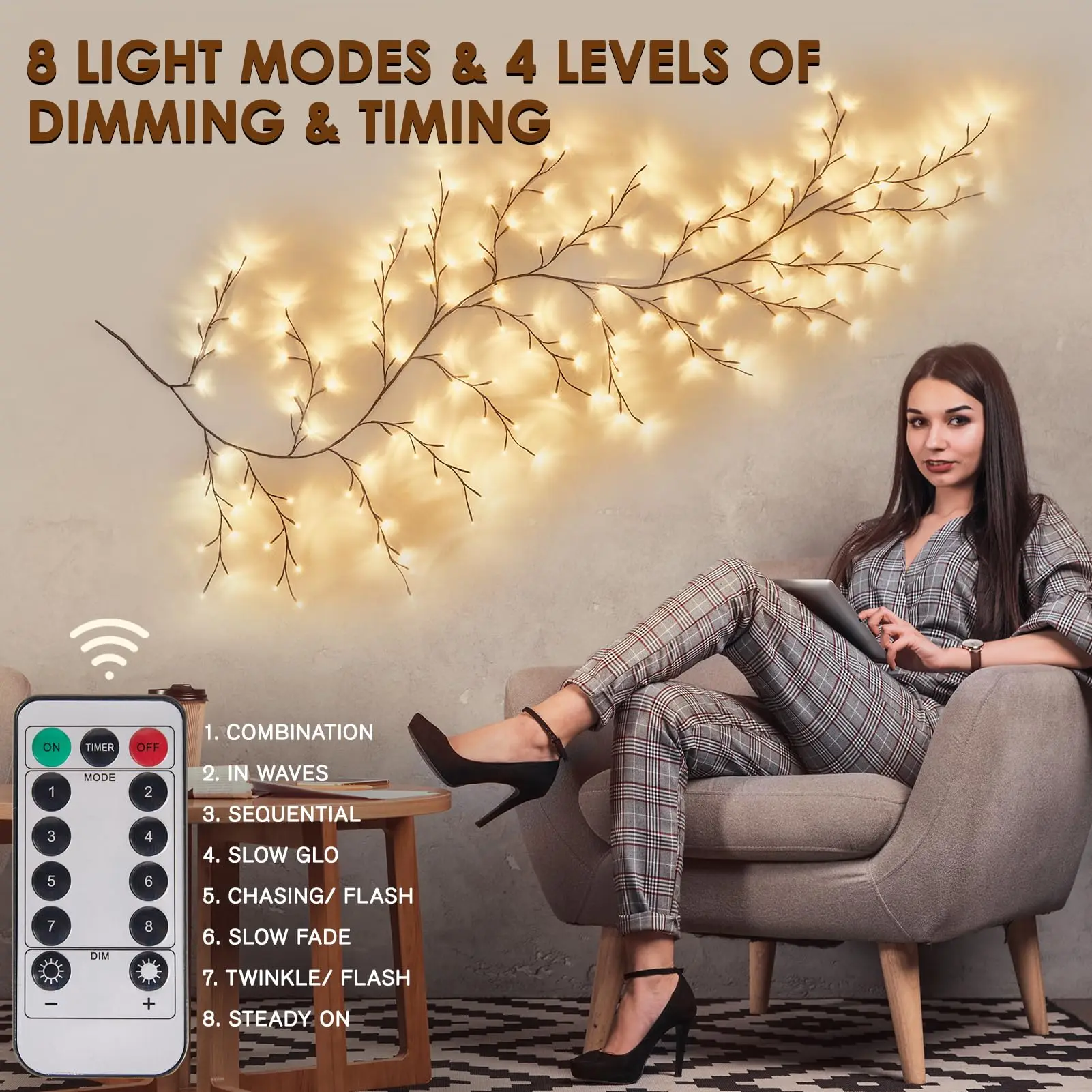 

Plug in Vine Lights Room Decor with Remote, 8 Modes and Timer, for Walls, Bedroom, Living Room, Kitchen, Coffee Shop Decor