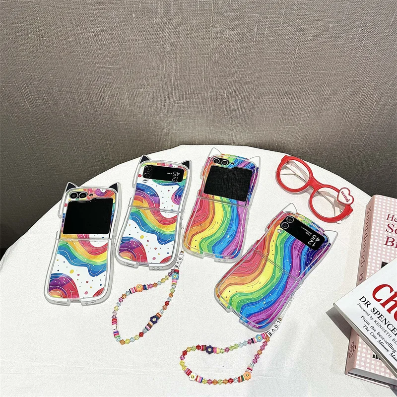 

Cat ears Rainbow dots simple application Samsung zflip3 4 5 6 phone case folding screen full cover anti-fall protective case