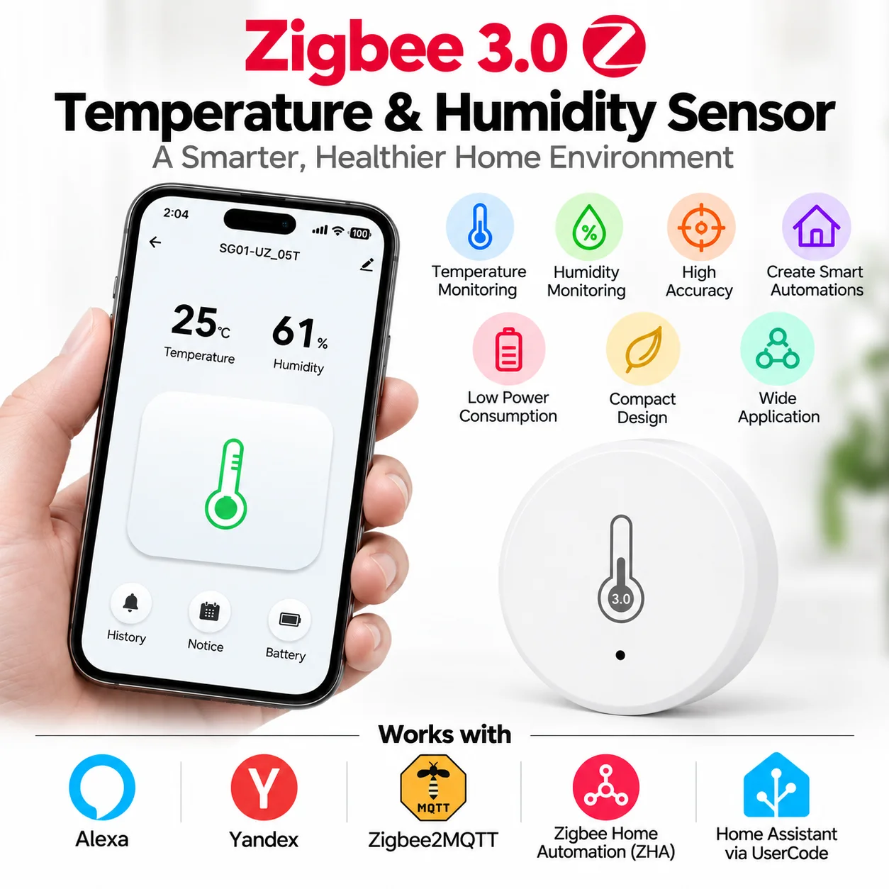 ZigBee3.0 Temperature Humidity Sensor Remote Monitoring Hygrometer,Zigbee Home Automation,For Alexa Google Yandex Home Assistant
