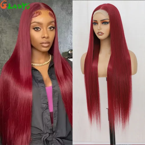 Pelucas frontales de encaje recto 4X4 de 36 pulgadas para mujer, peluca de fibra de alta temperatura de Color burdeos, peluca con cierre de encaje de pelo sintético largo