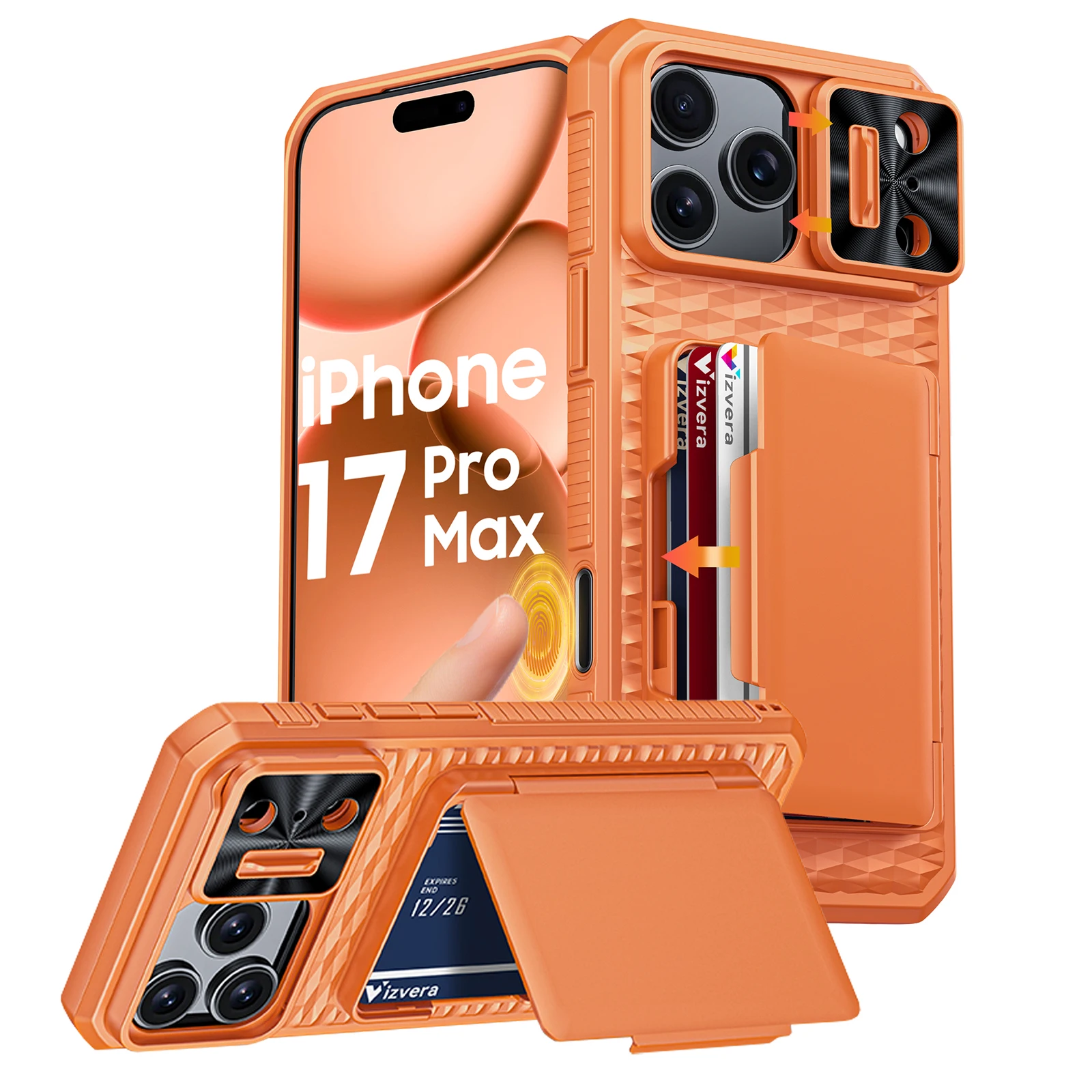 Met kaarthouder, verschuifbare camerahoes en standaard voor iPhone 17 Pro/17 Pro Max telefoonhoesje, anti-val pc + TPU portemonnee-hoesje-oranje