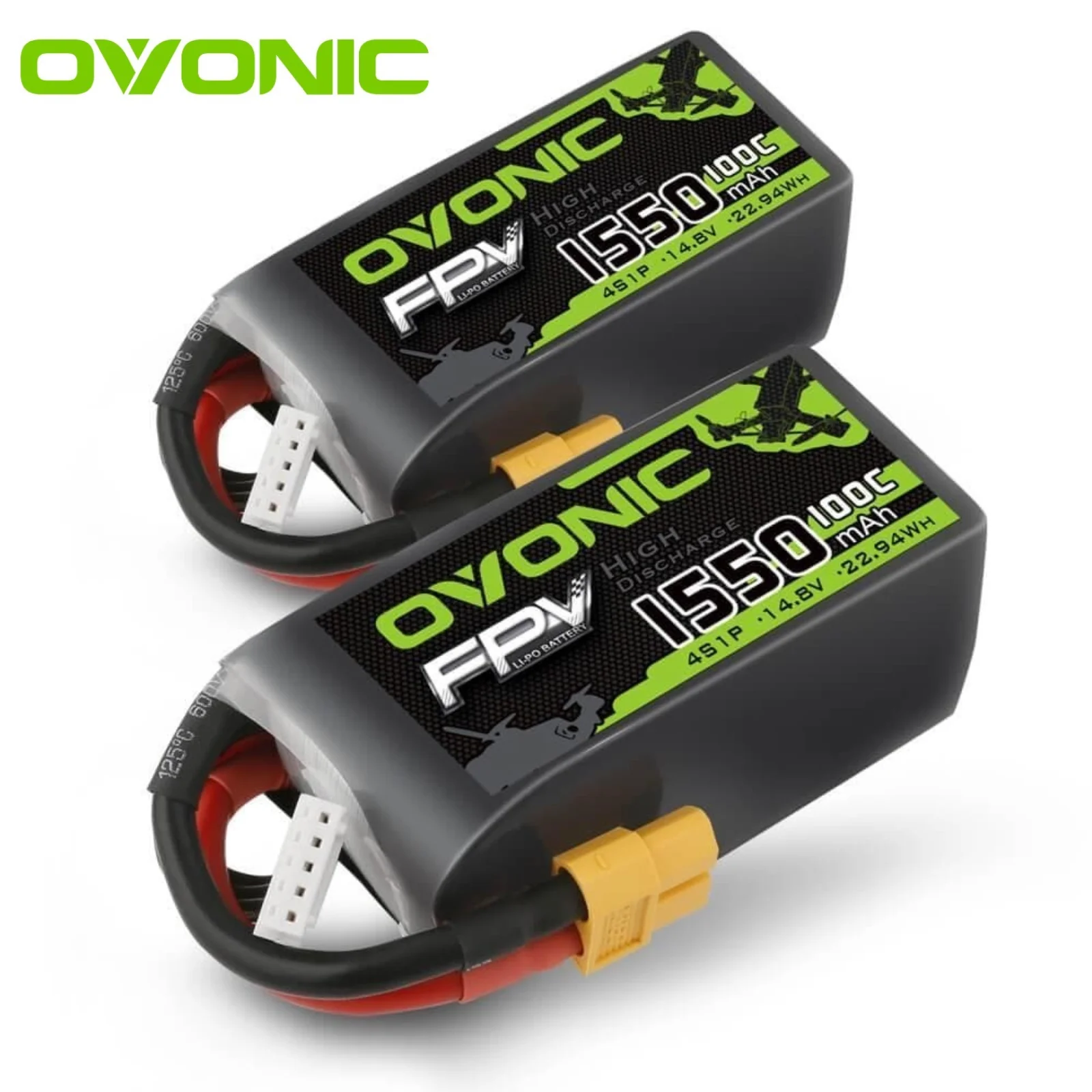 OVONIC 4S 14.8V 1550mAh 100C High Discharge LiPo Battery 2-Pack, XT60 Plug RC Battery for FPV Racing Quadcopter Drone