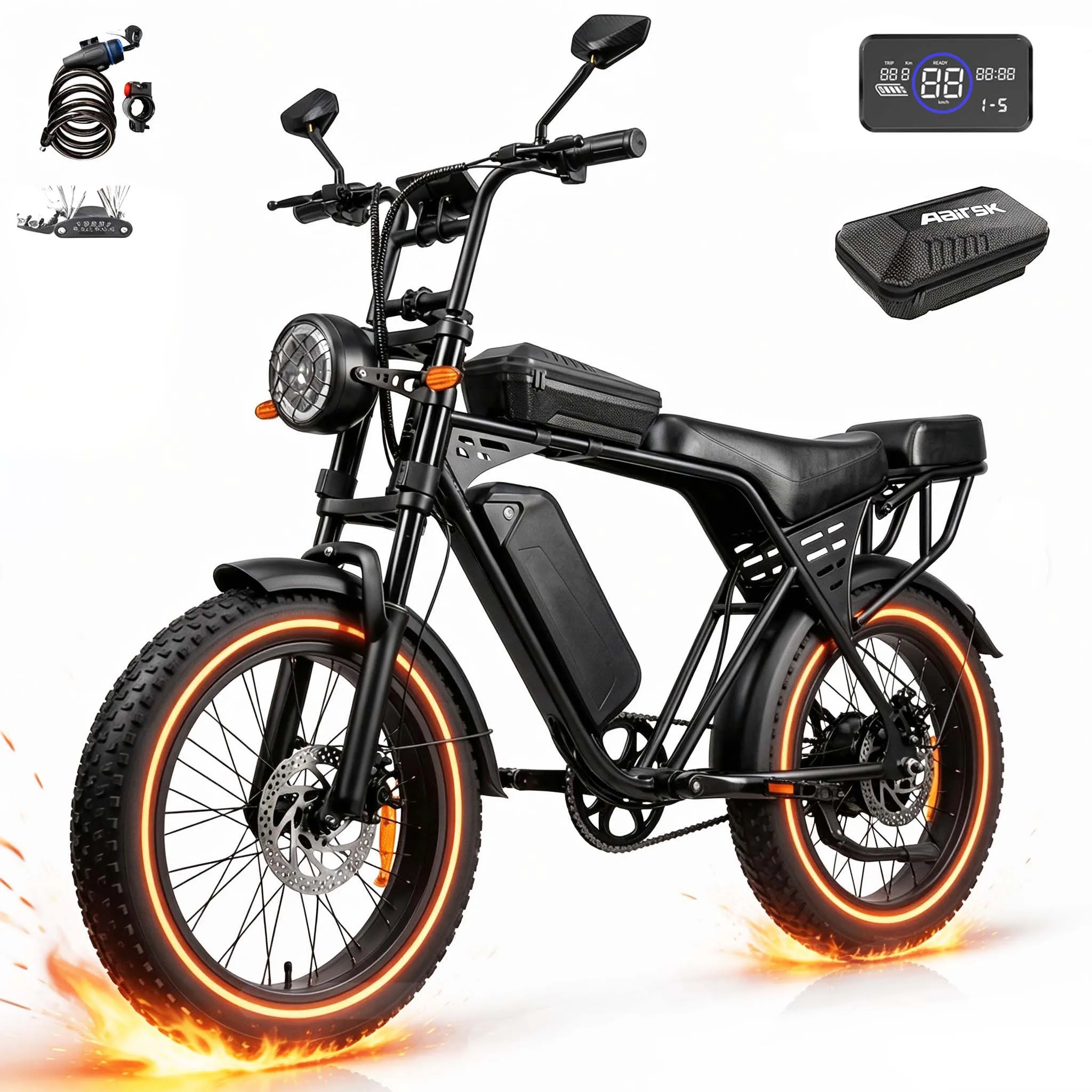 Aairsk X5 20 X 4.0 Kompaktes Fatbike-Elektrofahrrad, abnehmbarer 48V 15Ah-Akku mit 80 km Reichweite, Stauraum unter dem Sattel, 250W-Motor bei 25 km/h, Scheibenbremsen, Stahlrahmen, E-Bike