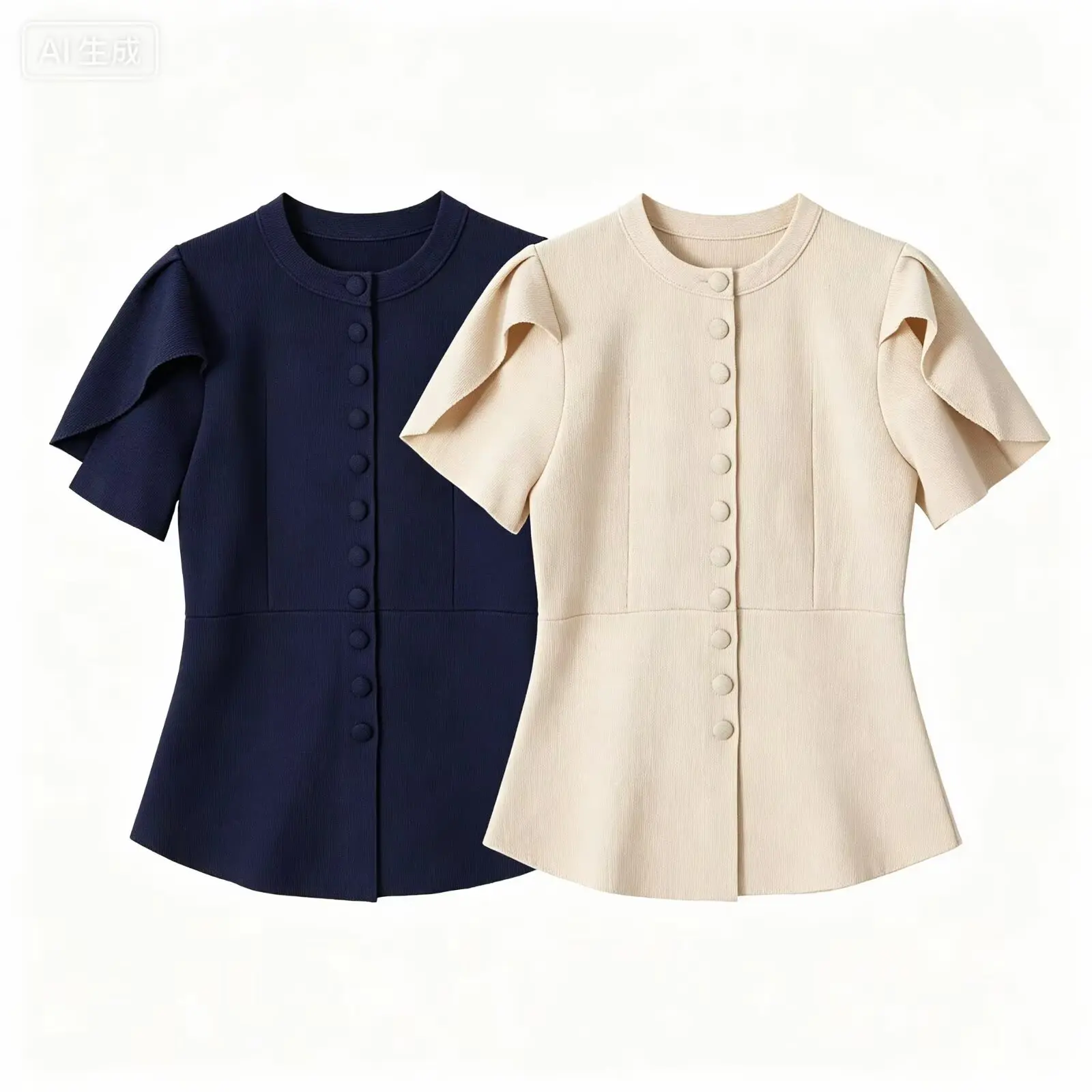 Womens Elegant Single Breasted Short Sleeve Top Flutter Ruffle Sleeve Slim Waist Peplum Blouse Casual Work Office Wear Blouses